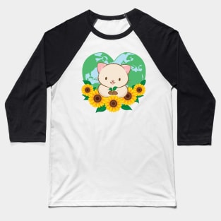 Love Our Planet Cute White Cat and Sunflowers Kawaii Earth Day Baseball T-Shirt